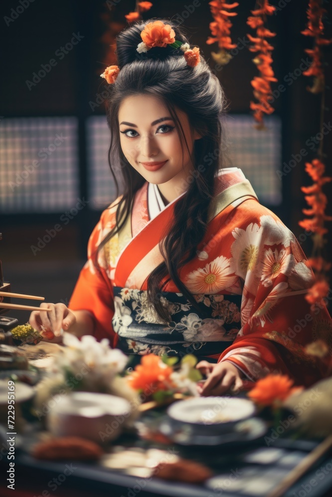 Poster a woman is pictured sitting at a table with a plate of food. this image can be used for various purp