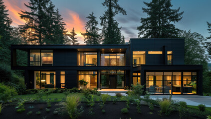 black two story contemporary home with greenery