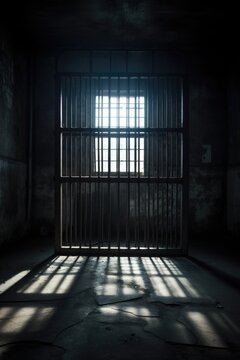 A jail cell with sunlight streaming through the bars. Suitable for illustrating themes of confinement, hope, imprisonment, and justice