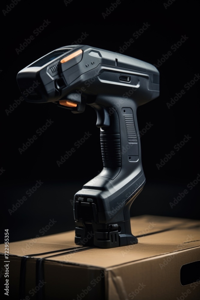 Poster A close-up view of a gun resting on a box. Suitable for various themes and concepts