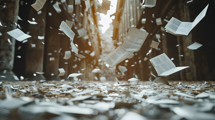 Books flying in the air,  The setting appears to be inside a library or a cathedral,  creating a sense of chaos and excitement. - obrazy, fototapety, plakaty