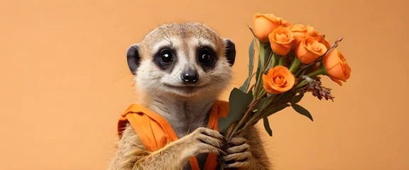 Fotobehang funny meerkat with a bouquet of flowers on a light orange background. Generated by AI. For advertising or postcards for birthday, March 8, Valentine's day, international Women's Day, February 14 © Эля Эля