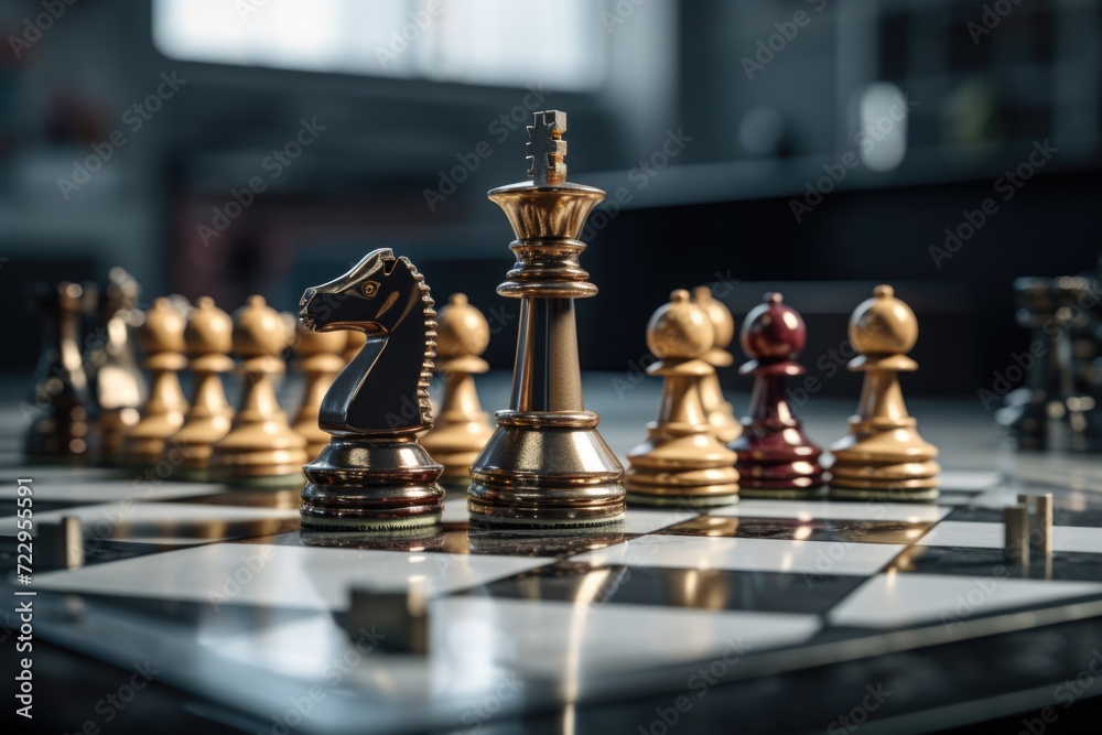 Poster a detailed view of chess pieces arranged on a chess board. this image can be used to depict strategi
