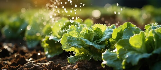 Automatic watering system on vegetables in green farm - obrazy, fototapety, plakaty