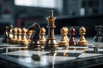 A detailed view of chess pieces arranged on a chess board. This image can be used to depict strategic planning, decision-making, or competitive gameplay