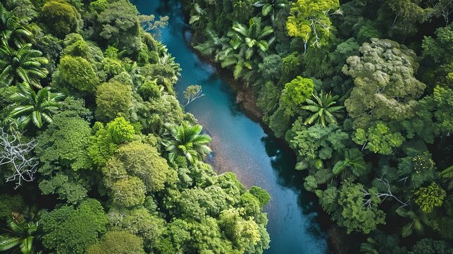 River in rainforest, drone view. Copy space for text. Image of green nature.