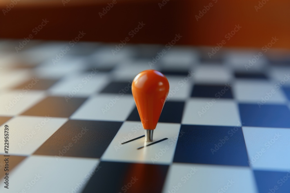 Poster a red pin placed on a checkered table. suitable for office and business-related themes