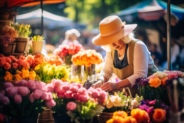 Breathe in the vibrant hues of spring at the Blooming Flower Market. A skilled florist crafts joyous bouquets, perfect for your seasonal projects. Generated AI. - obrazy, fototapety, plakaty