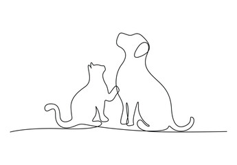 Continuous one line drawing of cat and dog logo symbol. Isolated on white background vector illustration. Pro vector