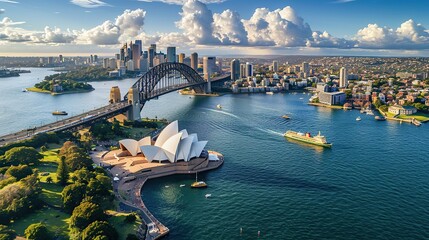 Sydney Harbour Bridge in a beautiful summer day, Australia, Sydney, Australia. Landscape aerial...