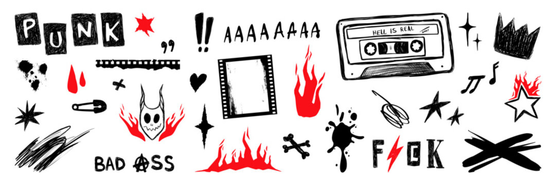 Set grunge stickers, including scrawls, pencil drawn scribbles, torn paper sheets and ink stains. Hand drawn doodle style vector illustration.