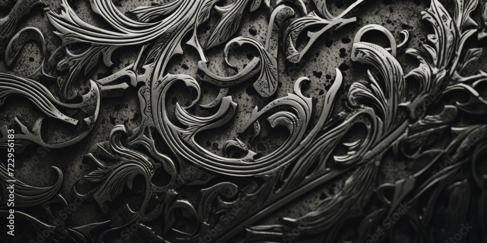 Poster a black and white photo showcasing a decorative wall. perfect for adding a touch of elegance to any 
