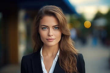 Obraz premium A woman wearing a black jacket and white shirt. Suitable for professional attire and fashion concepts