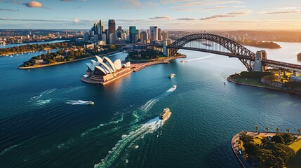 Fototapeta premium Sydney Harbour Bridge in a beautiful summer day, Australia, Sydney, Australia. Landscape aerial view of Sydney Opera house near Sydney business center.