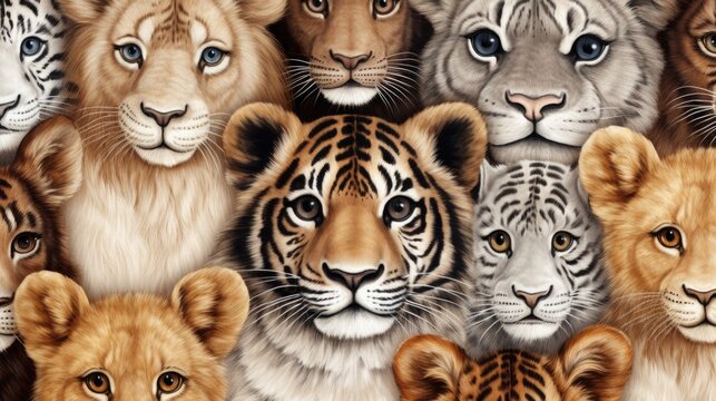 A large group of lions and tigers gathered together. Perfect for animal lovers and wildlife enthusiasts