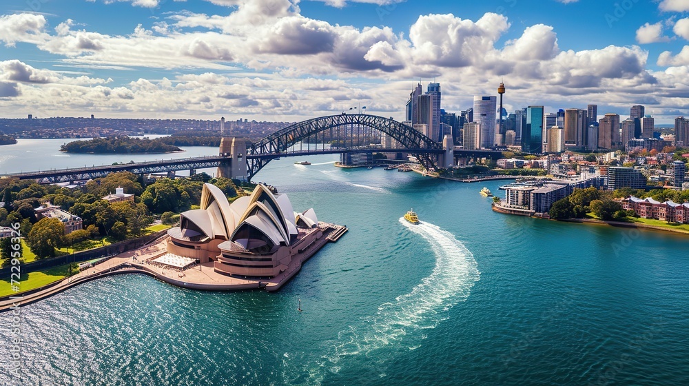 Wall mural sydney harbour bridge in a beautiful summer day, australia, sydney, australia. landscape aerial view