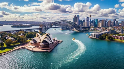 Photo sur Plexiglas Anti-reflet Sydney Harbour Bridge Sydney Harbour Bridge in a beautiful summer day, Australia, Sydney, Australia. Landscape aerial view of Sydney Opera house near Sydney business center.