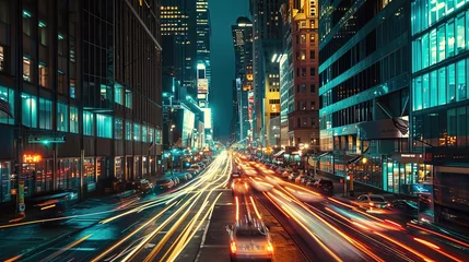 Foto op Canvas The hustle and bustle: Time - lapse inspired city scene, streams of car lights under the city's skyscrapers, energy of urban life. copy space for text. © Naknakhone