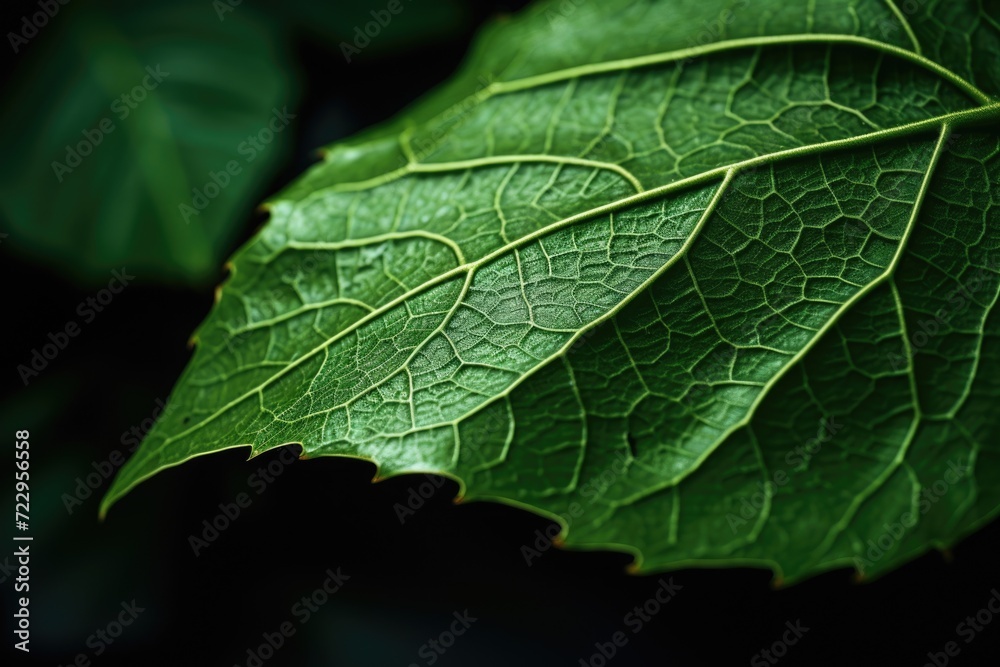 Poster A close-up view of a leaf with a dark background. This image can be used for various purposes
