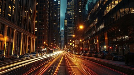 The hustle and bustle: Time - lapse inspired city scene, streams of car lights under the city's skyscrapers, energy of urban life. copy space for text.