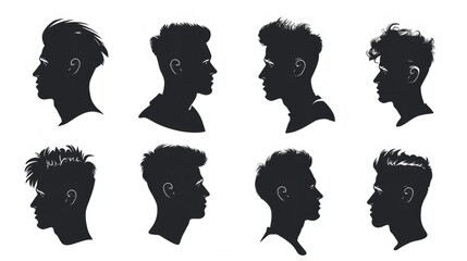 A collection of silhouettes showcasing different angles and expressions of a man's head. Versatile and suitable for various design projects - obrazy, fototapety, plakaty