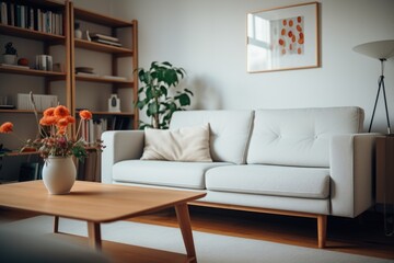 A white couch sitting next to a wooden table. Perfect for home decor or interior design projects