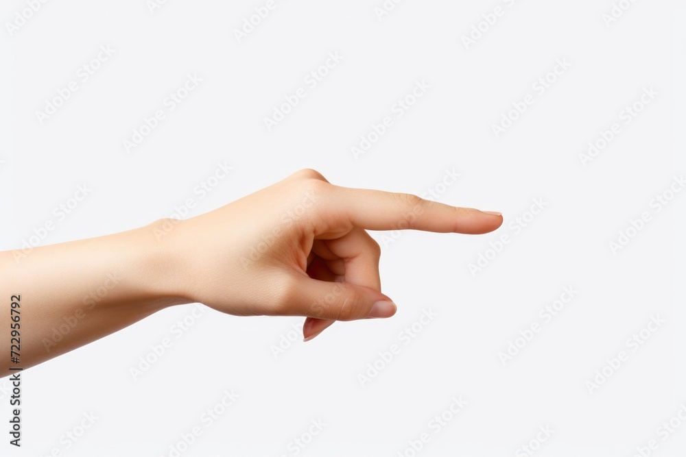 Poster A person's hand pointing at an object or direction. Can be used to illustrate guidance, instructions, or emphasizing a specific point