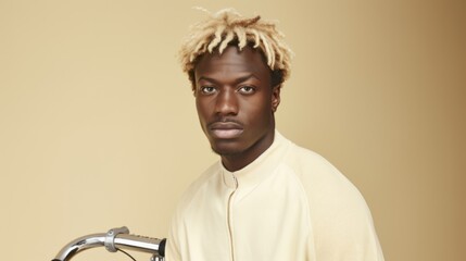 A man with dreadlocks standing confidently next to his bike. Perfect for showcasing urban style and alternative lifestyle
