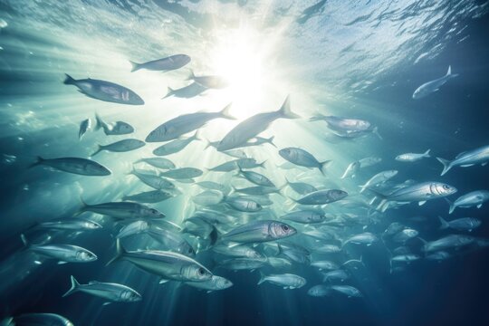 A large group of fish swimming in the ocean. This image can be used to depict marine life or underwater ecosystems