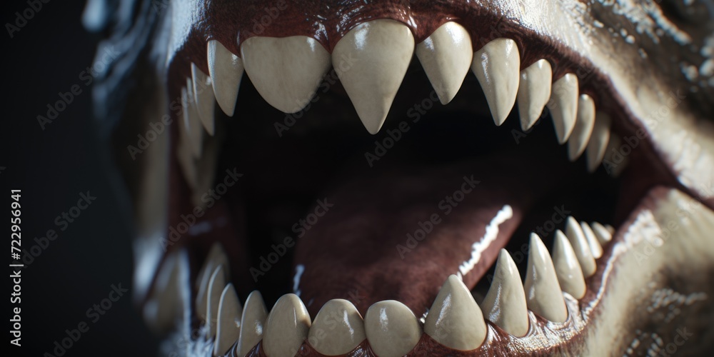 Poster A close up view of a fake dinosaur head with its mouth wide open. This image can be used to add excitement and adventure to any project