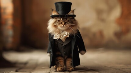 A fluffy Persian cat strutting down a Parisian catwalk, sporting a custom-made velvet tuxedo with a...
