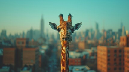 A stylish giraffe standing tall in a city skyline, showcasing the latest trends in long-necked...