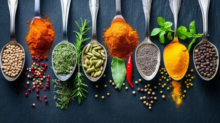 Beautiful composition of different spices and herbs - obrazy, fototapety, plakaty