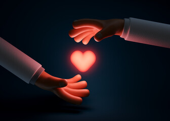 3d render cartoon icon red heart in hands. Realistic illustration of donation, love, health or charity