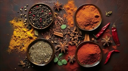 Fototapeta na wymiar Beautiful composition of different spices and herbs
