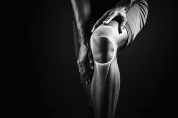 Naklejka premium A black and white photo of a man holding his knee. Suitable for medical or sports-related content
