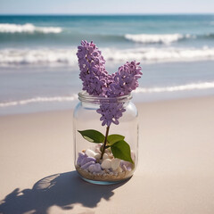 A Captivating Lilac Jar Amidst Beach Serenity AI GENERATED
