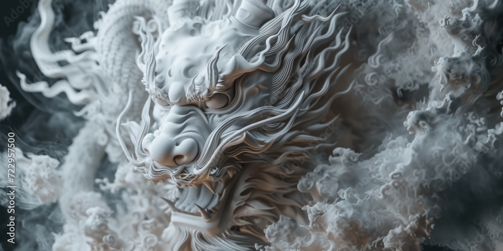 Poster a majestic dragon statue surrounded by a swirling cloud of smoke. perfect for adding a touch of fant