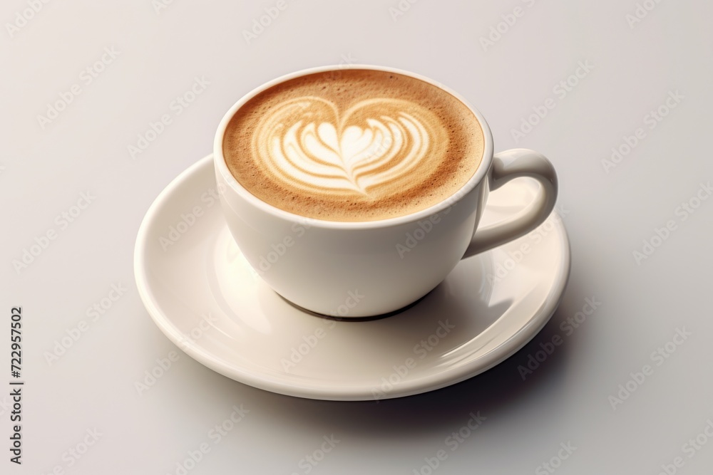 Poster A cup of coffee on a saucer placed on a table. Suitable for various themes and concepts