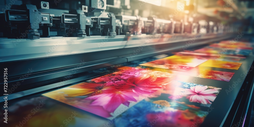 Aufkleber A picture of a large print machine in a flower shop. This image can be used to showcase the printing services offered by the shop