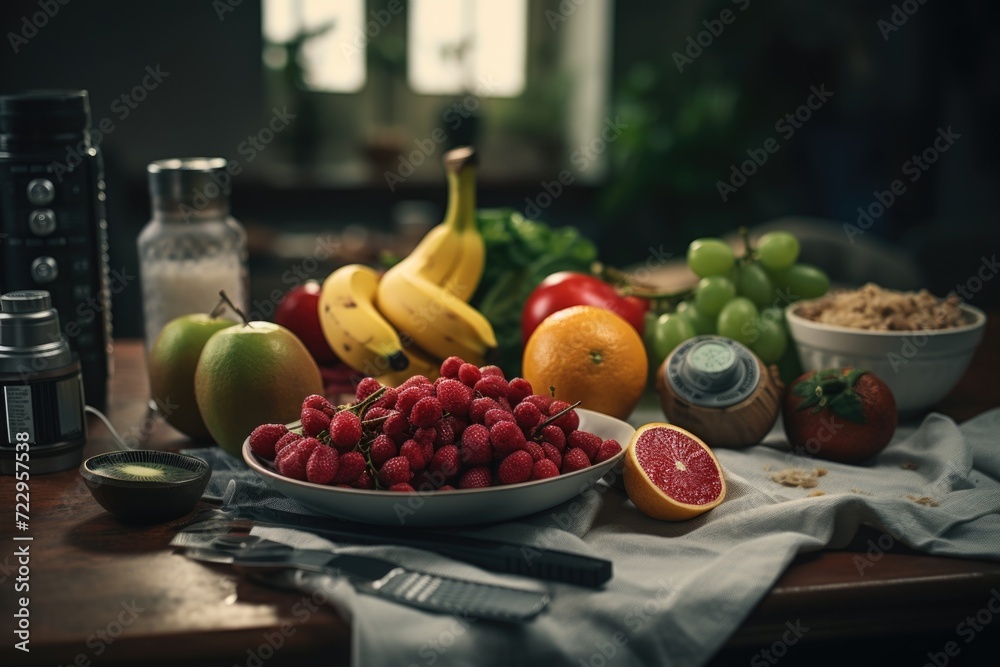 Aufkleber A wooden table with a bowl of fresh and colorful fruit. Perfect for adding a touch of freshness to any space