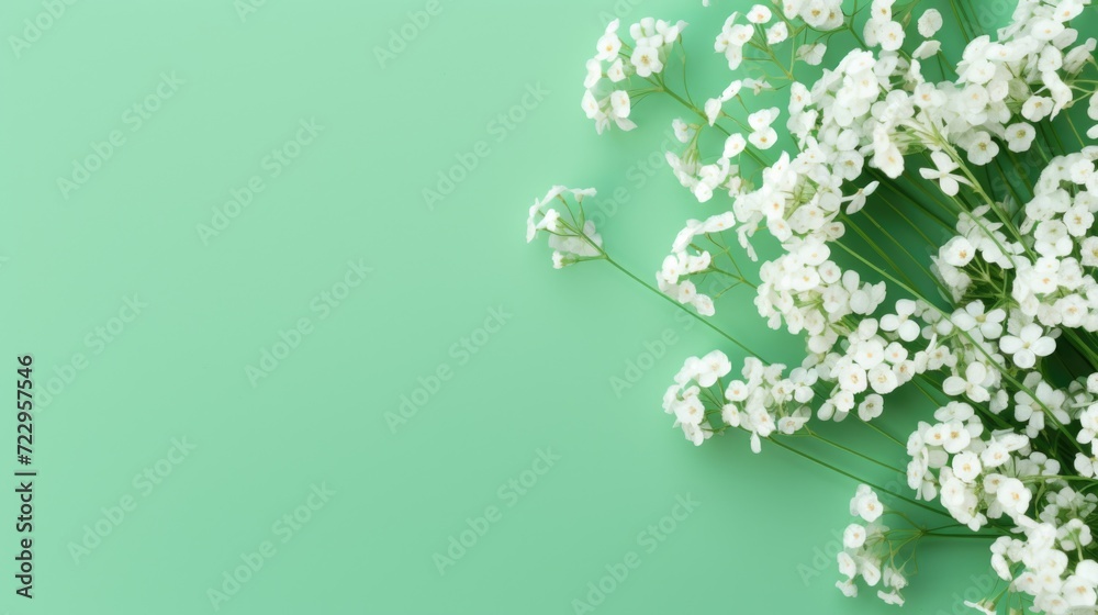 Poster a bunch of white flowers on a vibrant green background. perfect for adding a touch of nature and fre