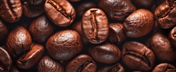 Obraz premium Close-Up of Aromatic Roasted Coffee Beans Filling the Frame - Perfect Background for Cafes and Baristas