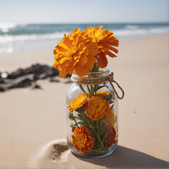 A Captivating Marigold Jar Amidst Beach Serenity AI GENERATED