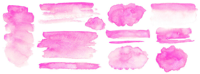 Bright pink watercolor stains, set of brushstrokes and washes