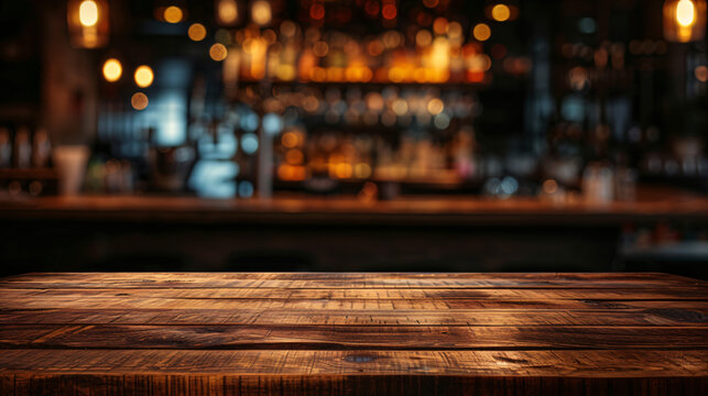 Old Wooden Table In Dark Blurred Bar