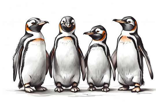 Front view of isolated penguins illustration on white background