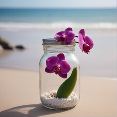 A Captivating Orchid Jar Amidst Beach Serenity AI GENERATED