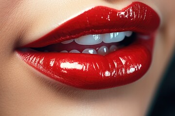 Obraz premium A close-up shot of a woman's lips with vibrant red lipstick. Perfect for beauty and makeup-related projects