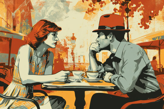 A Loving Couple Enjoying Romantic Dinner at a Charming Cafe in the City, Silhouette Illustration with a Person and Table, Women and Men Sitting on Chairs, Background of a Beautiful Park with Autumn